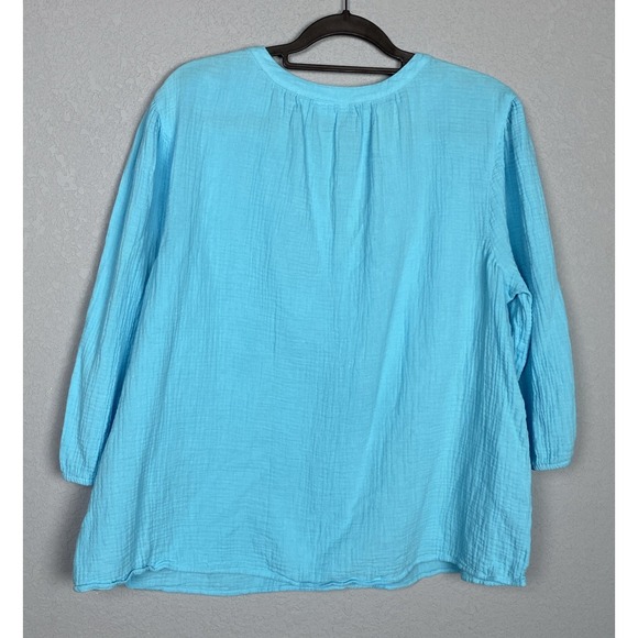 J. Jill popover 100% cotton gauze top Size 2X teal blue long sleeve V-neck - Picture 4 of 9